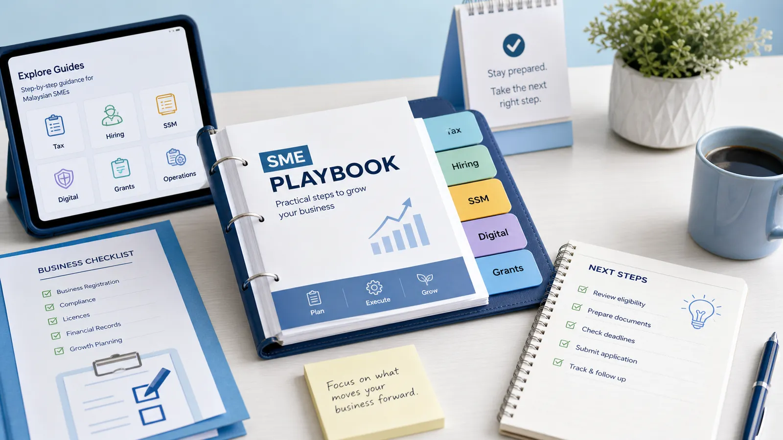 SME playbook, business checklist, guide categories, and next steps notes