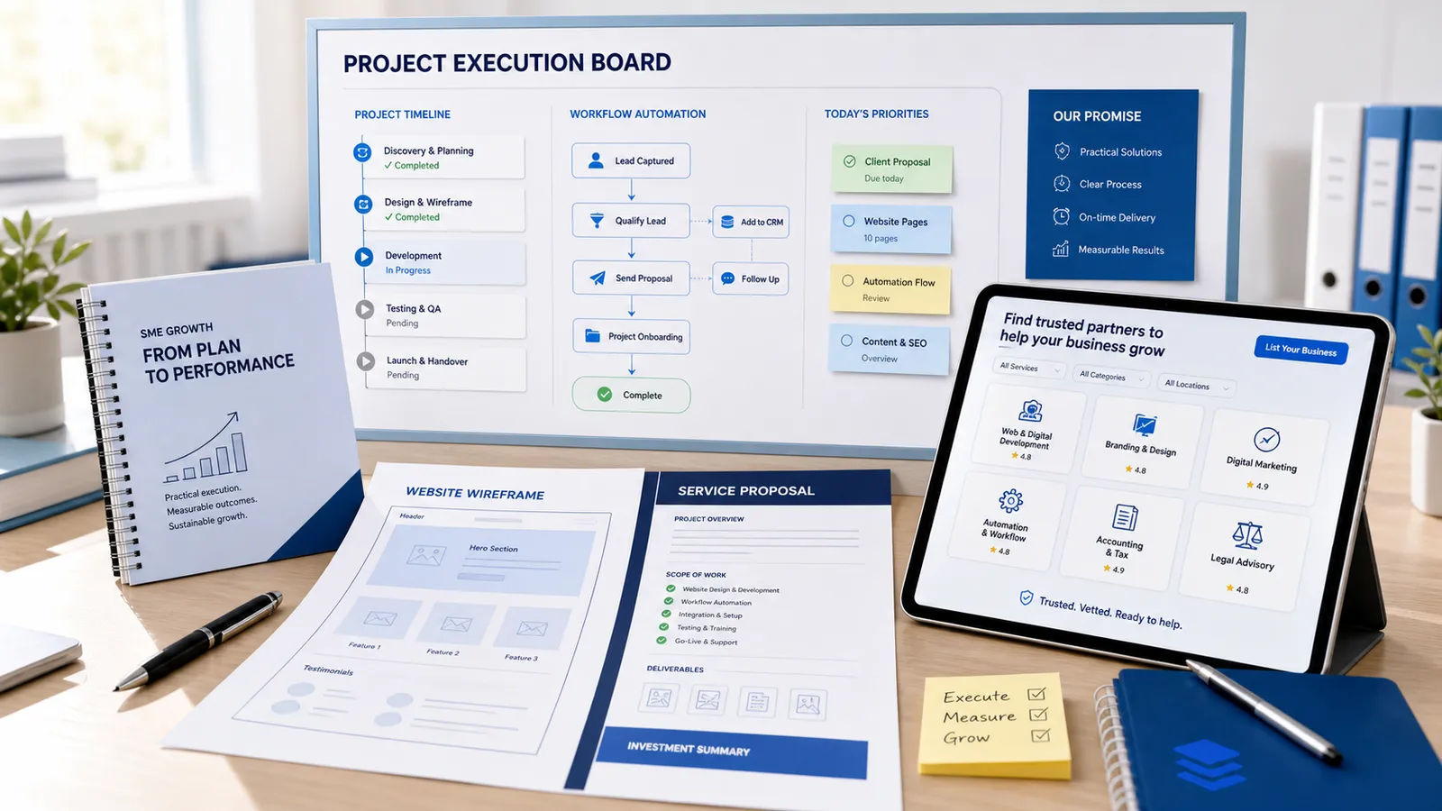 Service proposal, project timeline, workflow board, and partner checklist